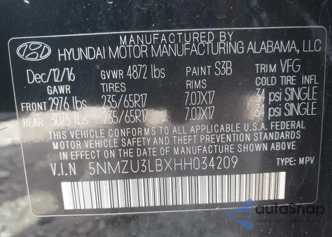 2017 Hyundai Santa Fe Sport 2.4L z USA, uszkodzony, nr VIN 5NMZU3LBXHH034209